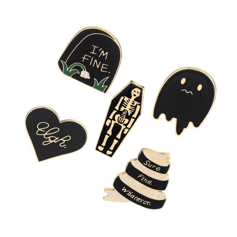 5PCS Halloween Punk Tombstone Coffin Skull Ghost Brooch Alloy Brooches Funny Party Brooch Set for Halloween Dance Party