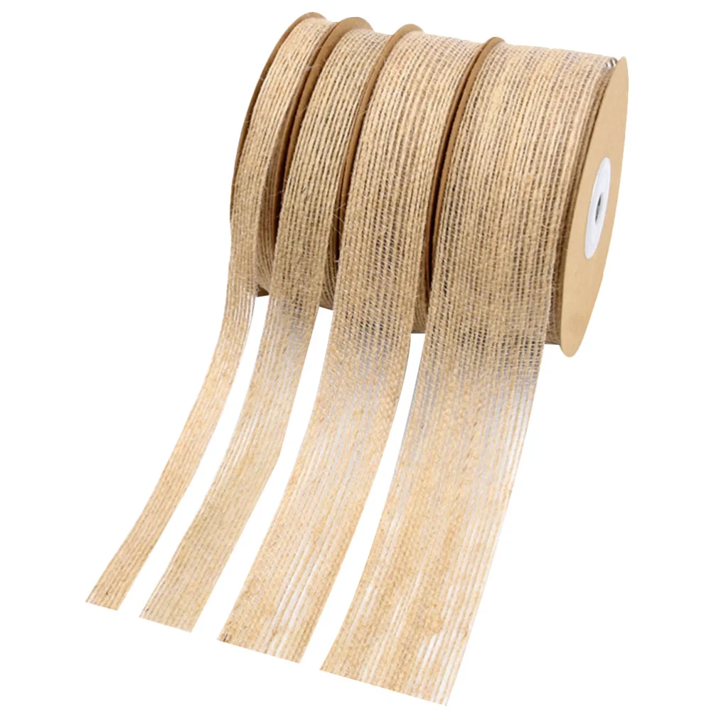 4 Rolls of Hemp Braided Linen Ribbon Contrast Color Ribbon Band Gift Wrapping Supplies for Home DIY Craft (1cm, 1.5cm, 2.5cm, 3.8cm Width Style, Khaki)