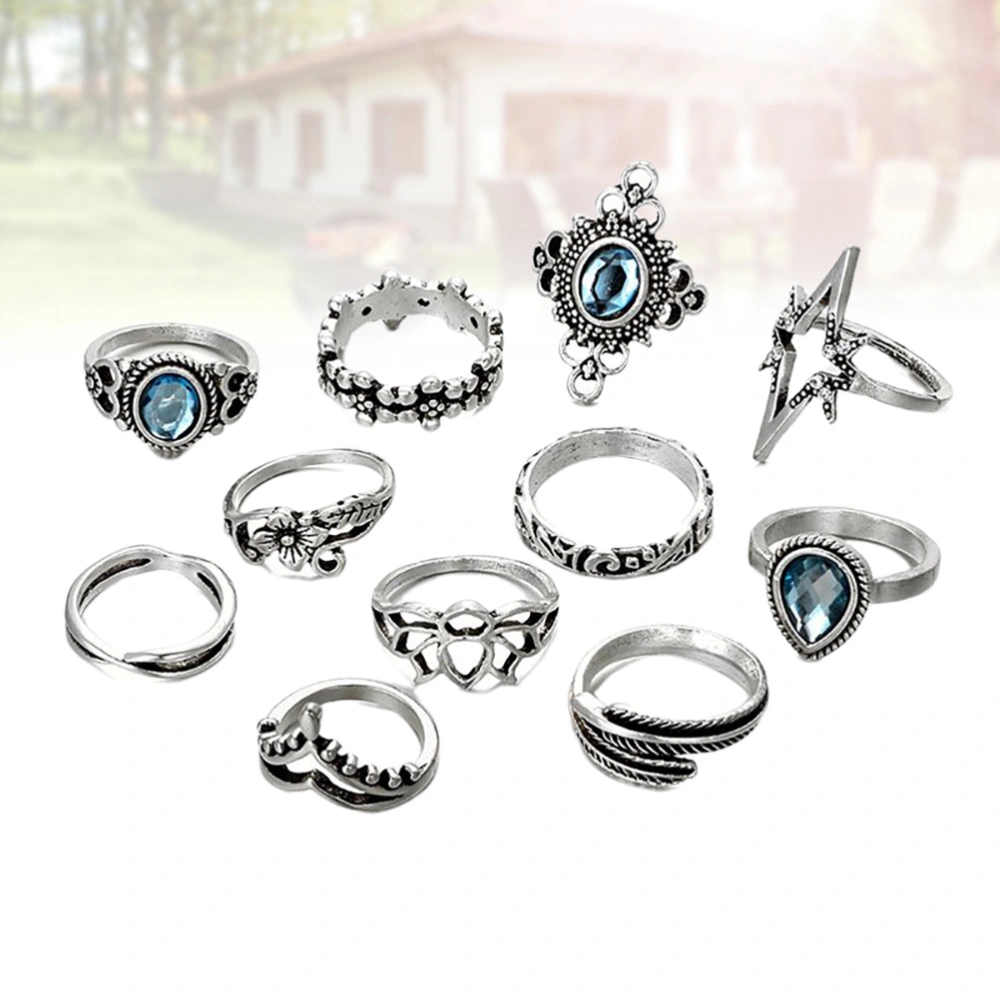 11Pcs Retro Ring Set Antique Carving Rhinestone Finger Rings Starry Sky Blue Leaf Shaped Rings