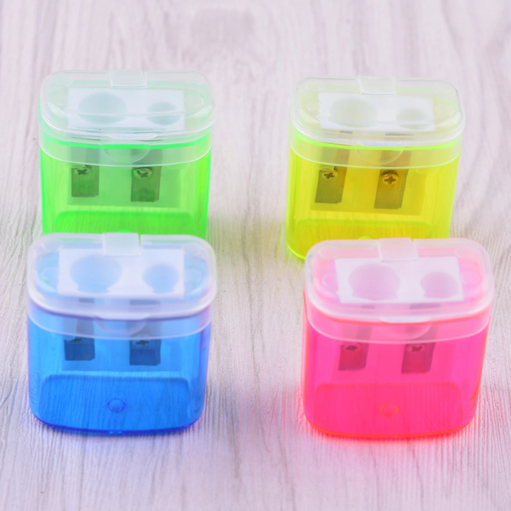 12pcs Plastic Pencil Sharpener Transparent Lid Dual Hole Manual Square Pencil Sharpener for Students (Random Color)