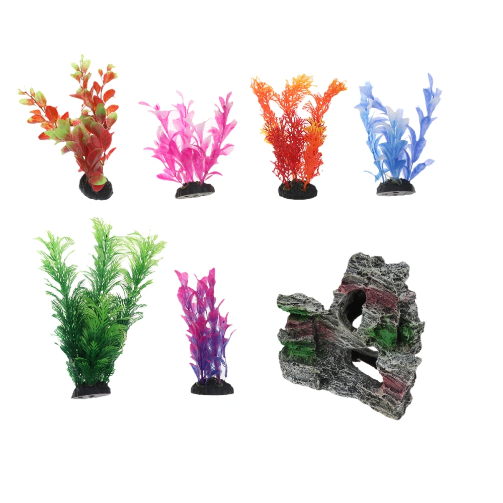 6pcs Aquarium Decorations Ornament Fish Tank Artificial Plastic Water Plants with 1pc Resin Mountain (Aquatic Plant for Random Pattern)