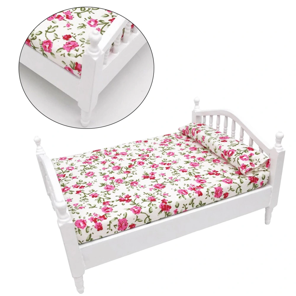 Mini House Decor Double Bed Funny Mini Printing Flower Decor Bed for Kid Child Bedroom (1:12)