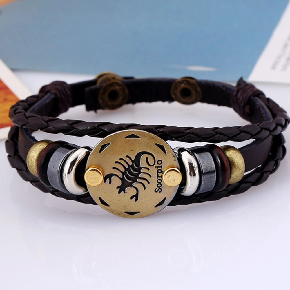 Braided Leather Rope Birthday Constellation Bracelet Alloy Bead Clasp for Men Women Creative Adjustable Bracelet (Scorpio)