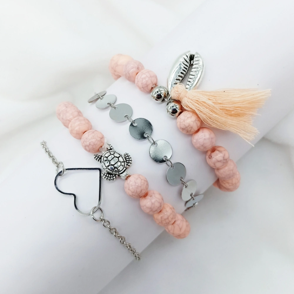 4PCS Hollow Heart Shell Bracelet Set Simple Metal Turtle Tassel Beaded Bracelet for Women Grils Lover