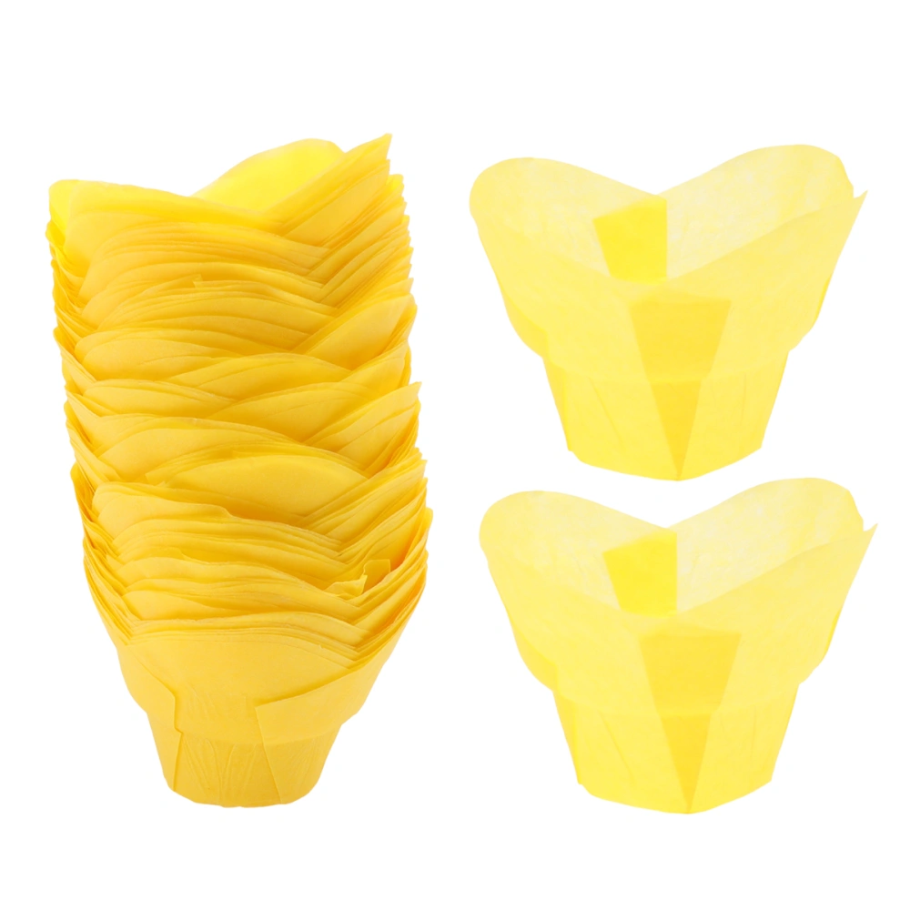 100pcs Cupcake Wrappers Lotus Shape Heat Resistant Oil-proof Paper Cups Muffin Liners (Yellow)