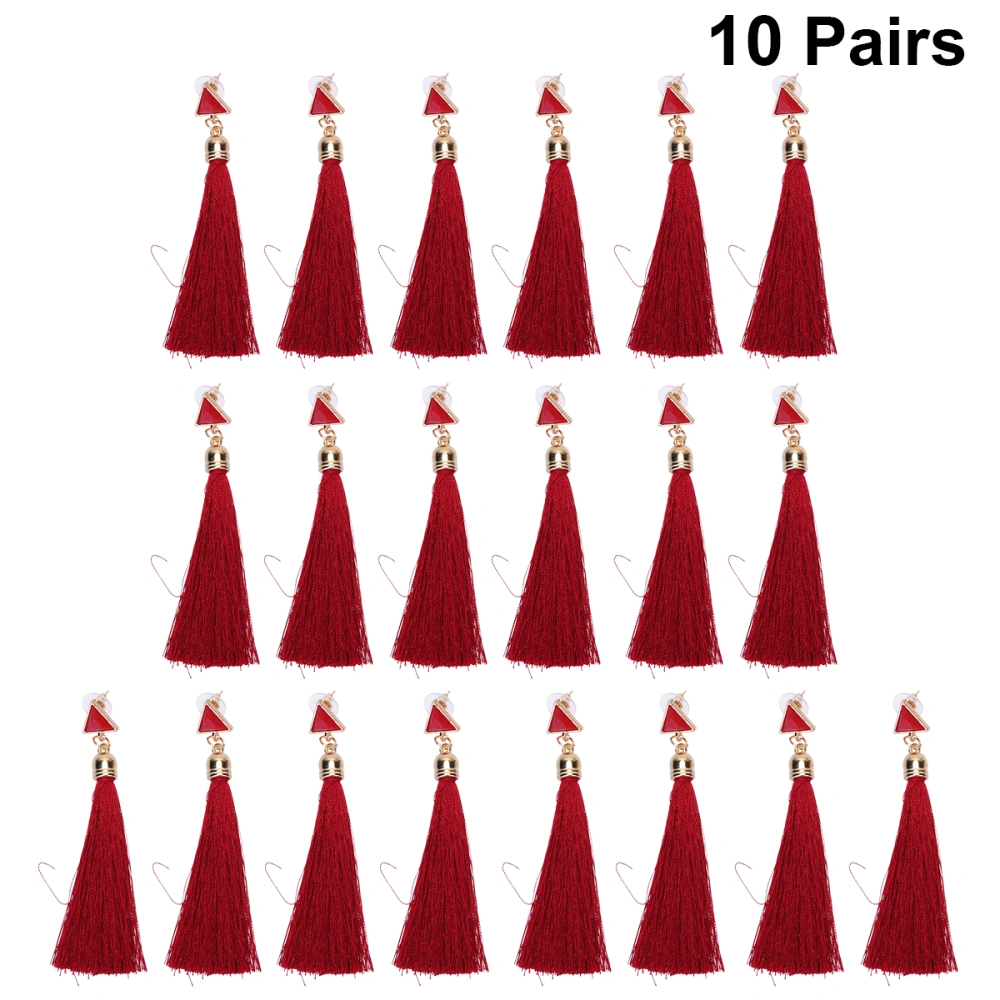 10 Pairs Stylish Bohemian Style Earring Long Tassel Ear Stud Triangle Dangle Earrings Jewelry Decor for Girls Lady (Red)