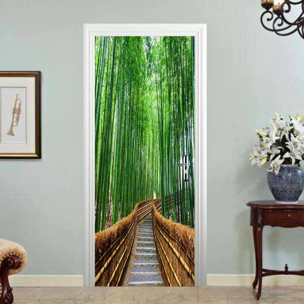 Eco-friendly 3D Bamboo Forest House Door Sticker Waterproof PVC Wall Sticker Self-adhesive Wall Decal Bedroom Living Room Wall Mural