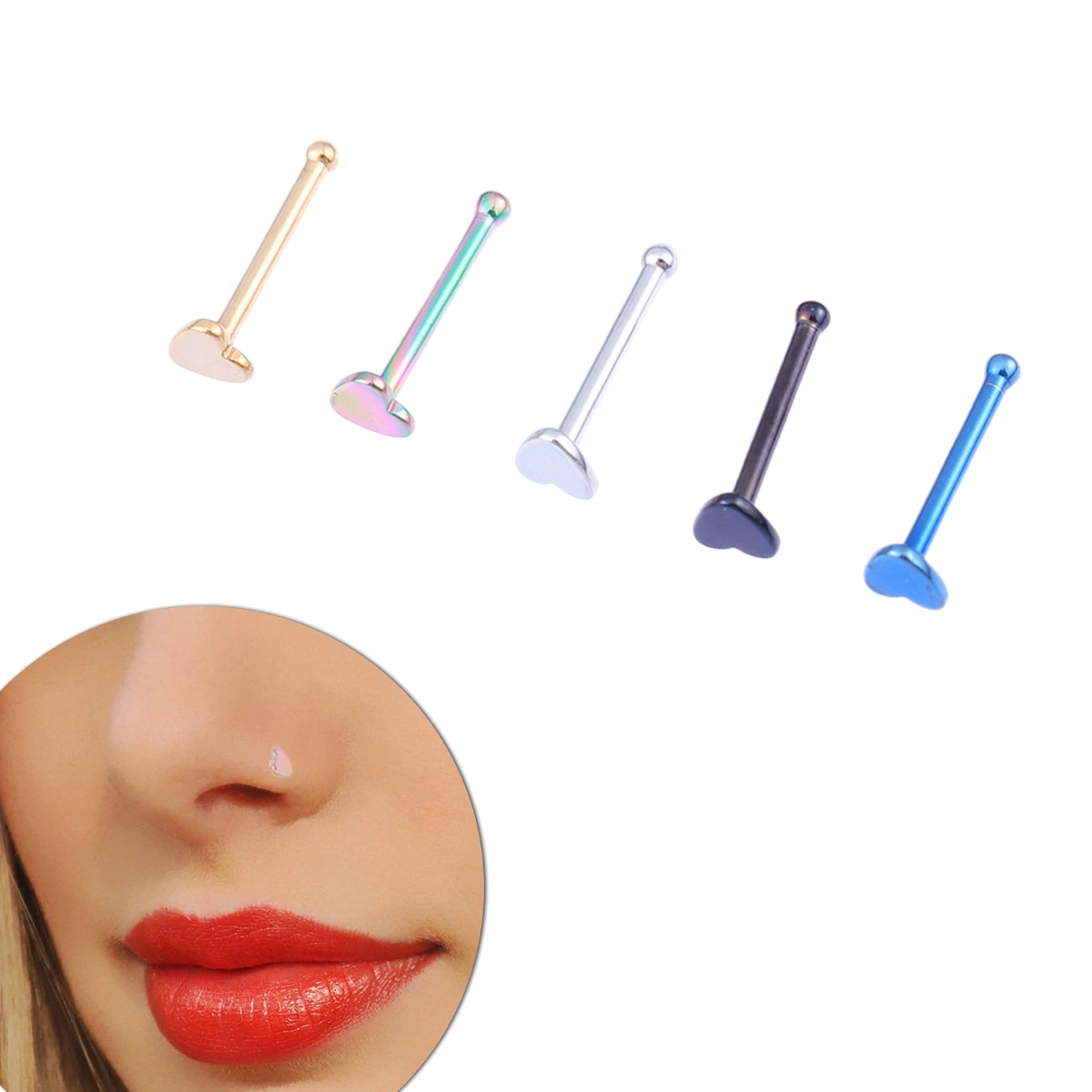 5pcs/set Heart Shape Nose Ring Studs Body Piercing Jewelry Body Piercing Bar