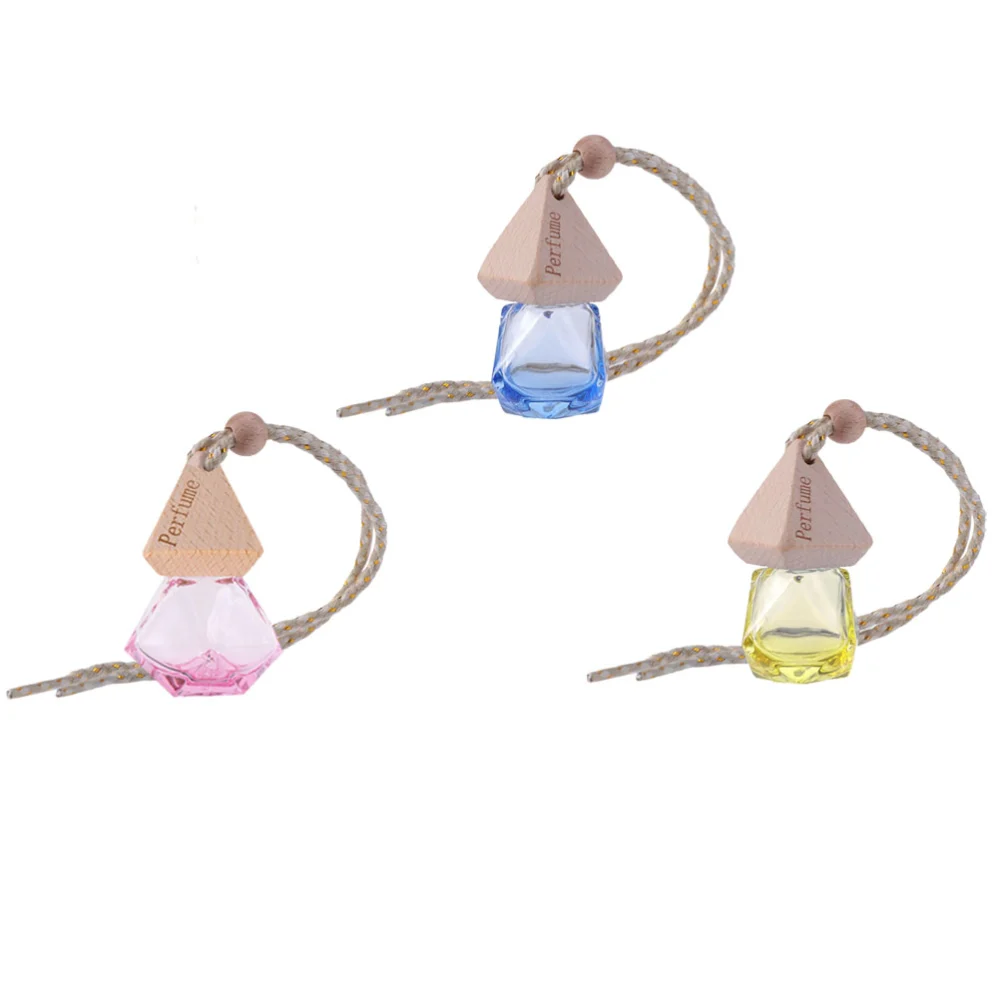 3 Pcs Diamond Shape Car Perfume Bottle Pendant Empty Refillable Bottle Colorful Hanging Container Air Freshener for Home Car Supplies (Pink, Yellow, Deep Blue)