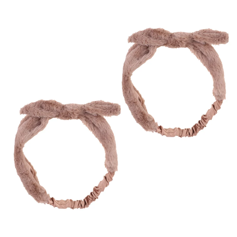 2PCS Rabbit Ear Knot Headband Elastic Hair Bands Stylish Fleece Headwrap for Washing Face Makeup Shower (Khaki)