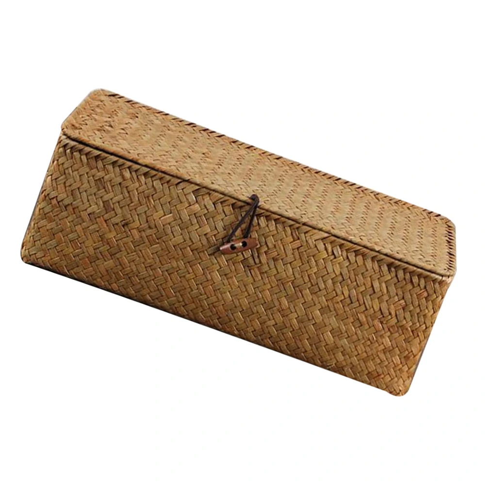 Straw Woven Storage Basket Desktop Sundries Holder Lidded Cosmetics Basket