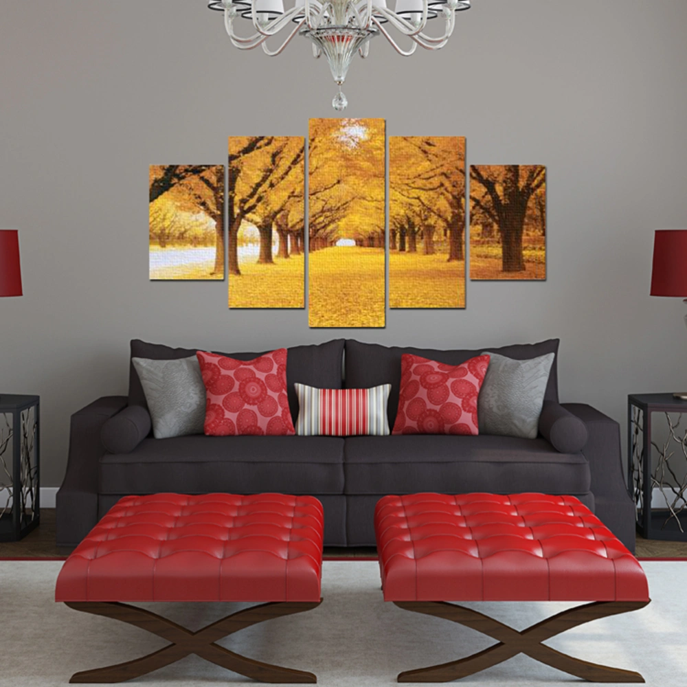 Frameless Oil Painting 5 Panel Combination Yellow Leaves Art Wall Hanging Stick Picture Kit for Decoration Hall