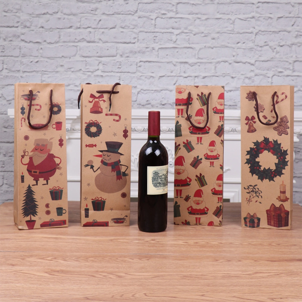 4pcs Christmas Gift Bag Kraft Paper Red Wine Bag Portable Packging Bag Handbag Tote Wine Carrier Bags (Random Pattern)