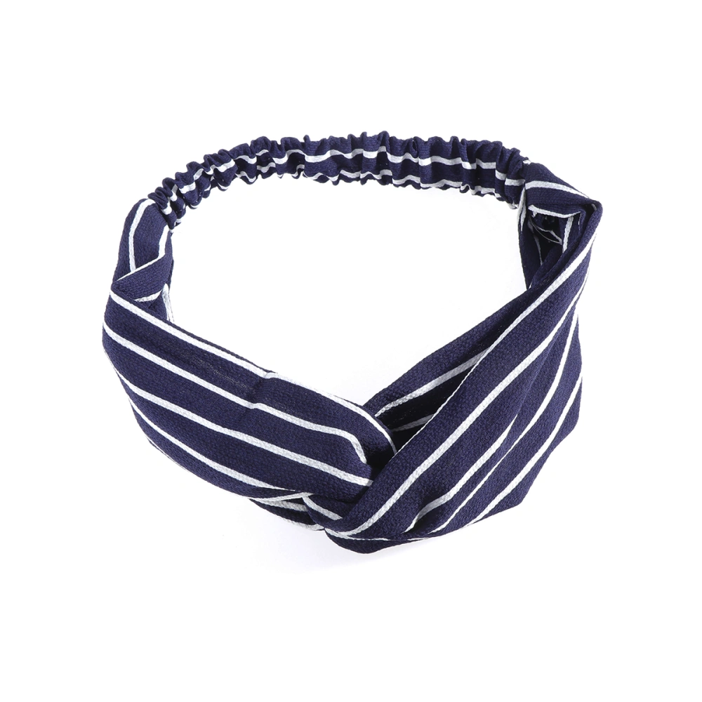 Stylish Fabrics Crossover Plaid Knot Headband Turban Elastic Chiffon Hairband Head Wrap Hair Accessories Striped Headwear Accessories for Women Girls (Navy Blue Triple)