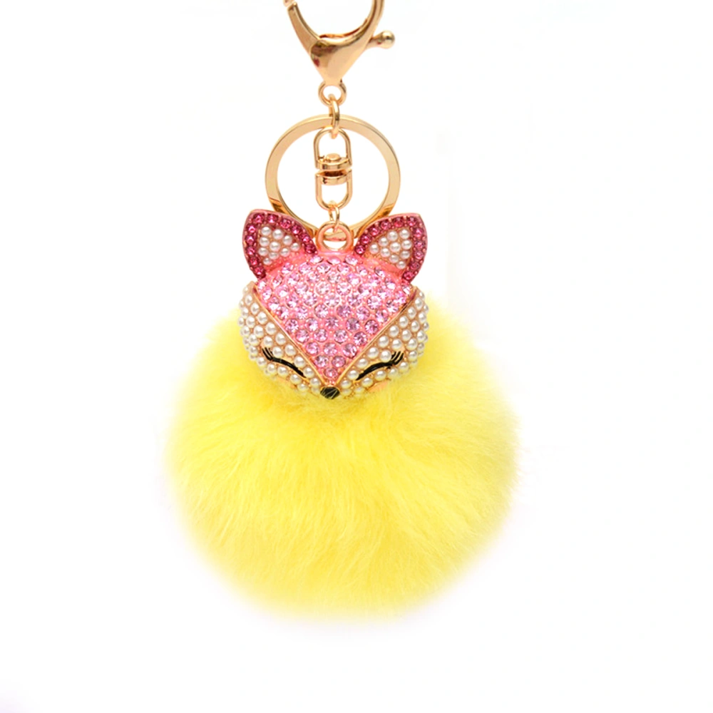 Fluffy Ball Keychain with Pearls Rhinestones Inlay Key Chain for Womens Bag / Cellphone / Car Pendant (Yellow)