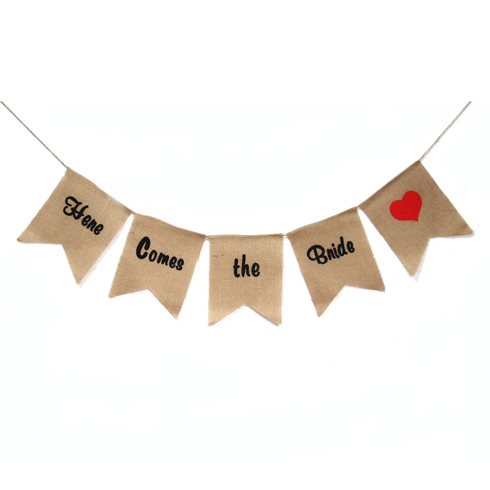 5PCS Here Comes the Bride Burlap Banner Wedding Party Decoration Bunting (Brown)