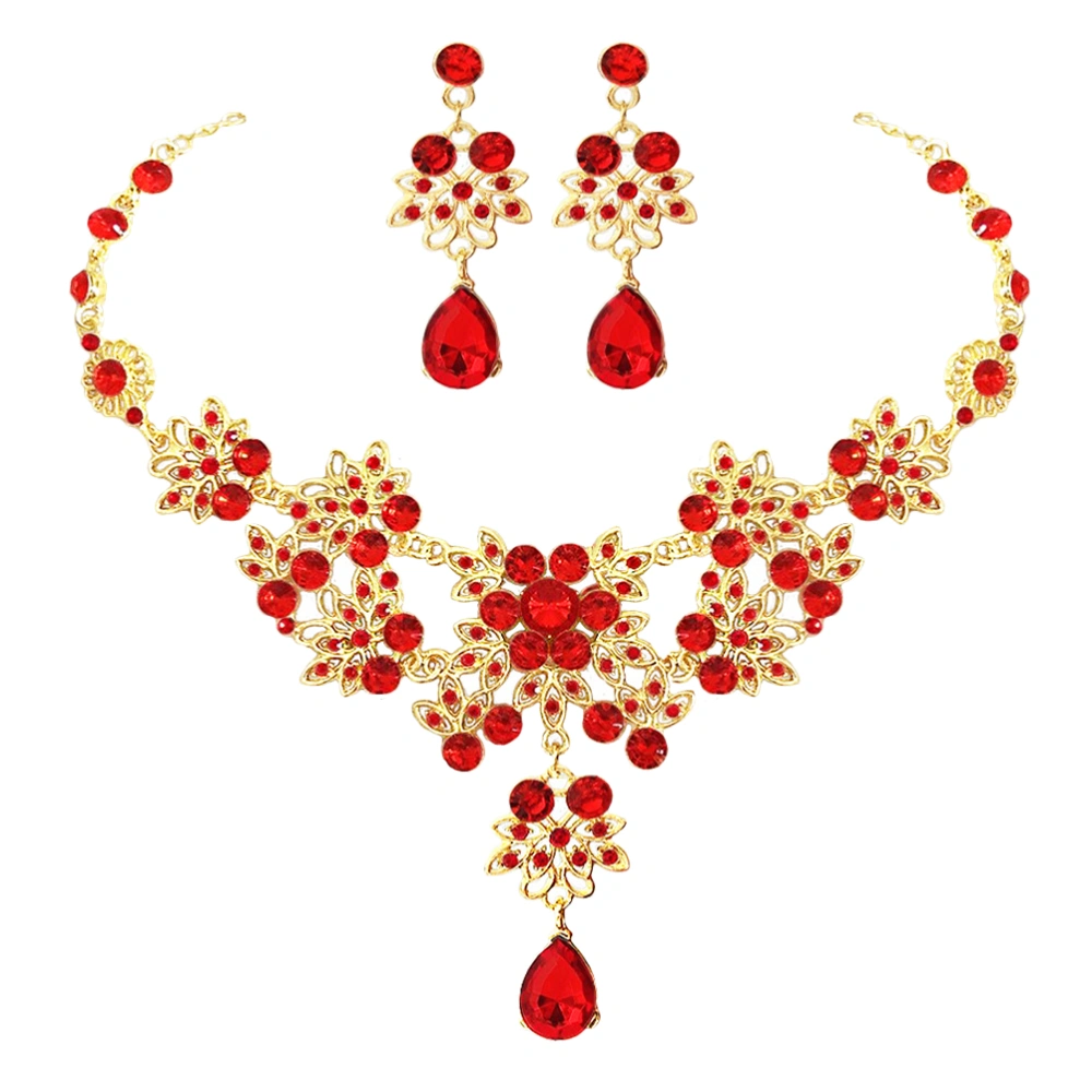 Chinese Style Bridal Earrings and Necklaces Bride Decorative Jewelries (Red)