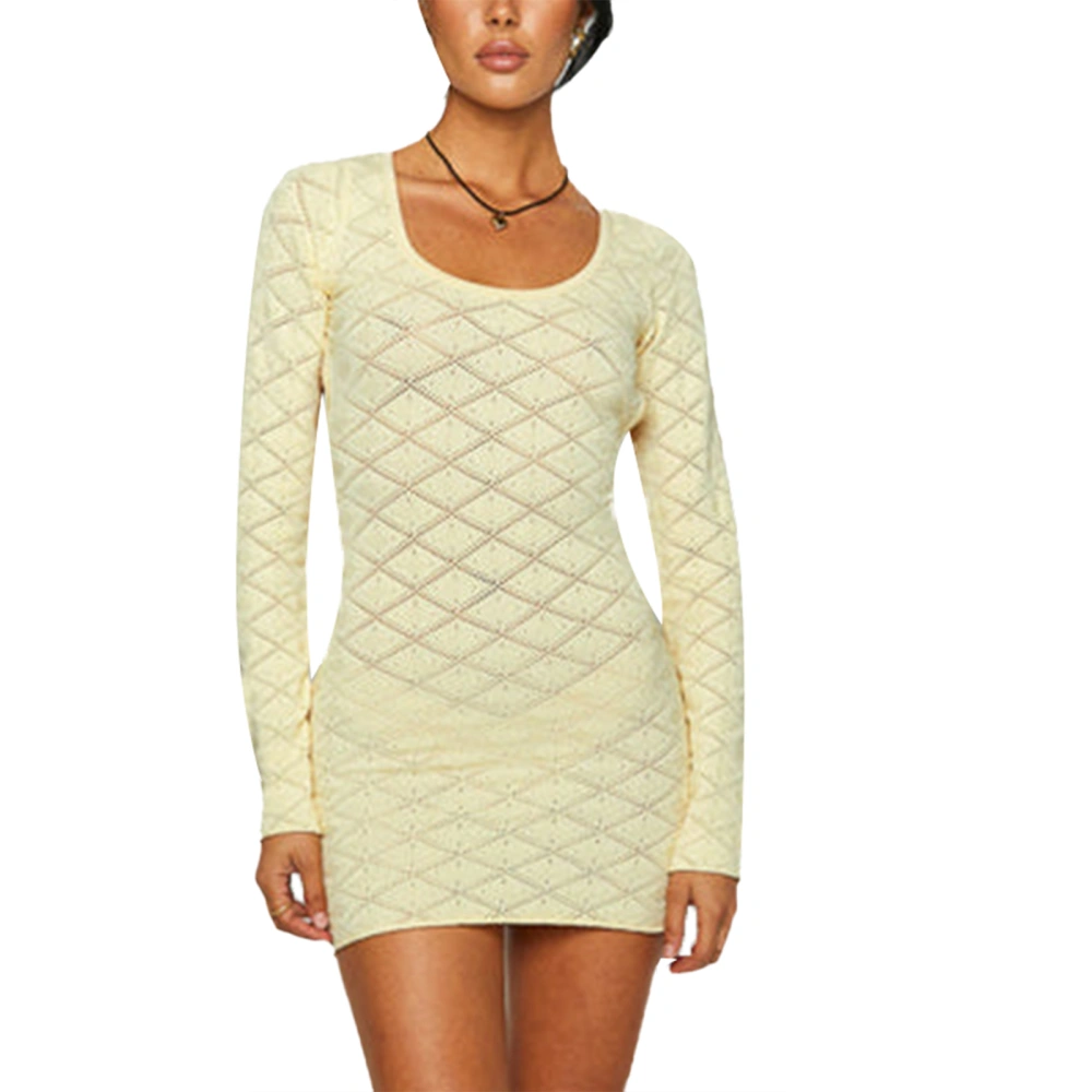 Women's Summer Mini Knit Dress Yellow Long Sleeve Scoop Neck Open Back Party Dress