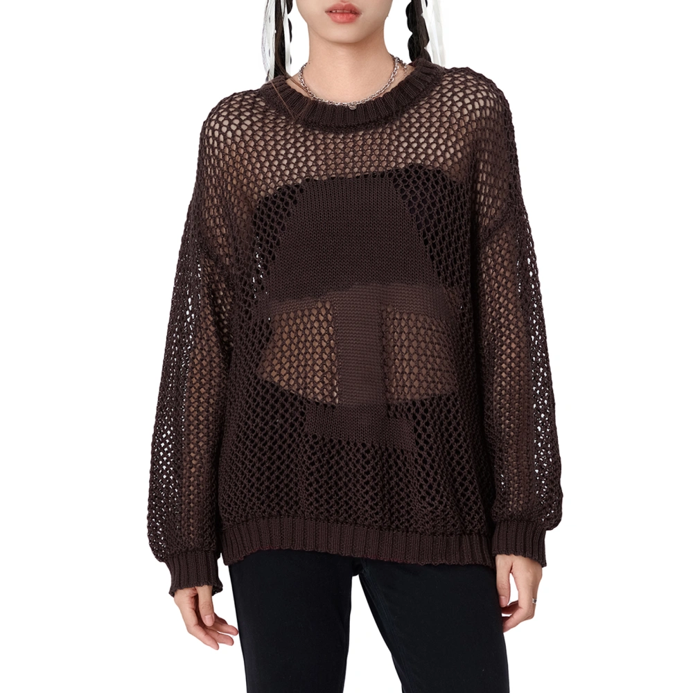 Women Hollow Out Crochet Knit Tops Solid Color Long Sleeve Round Neck Fall Sweaters