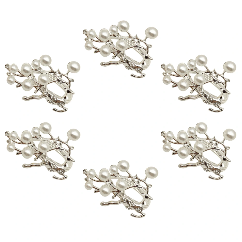 6pcs Silver Elk Design Napkin Rings Pearl Napkin Buckles Alloy Napkin Holders Christmas Dinning Table Setting Decoration for Christmas Party Table