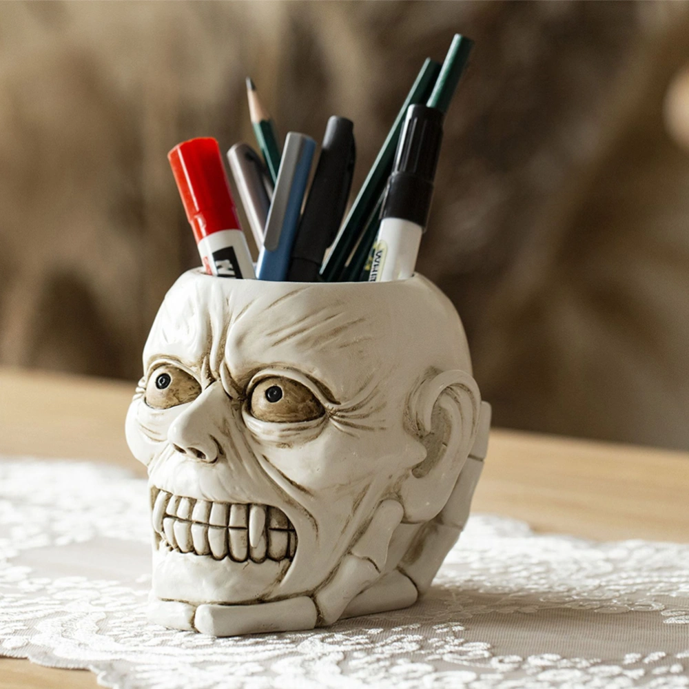 Skull Head Pen Holder Makeup Brush Holder Resin Crafts Statue Halloween Decor