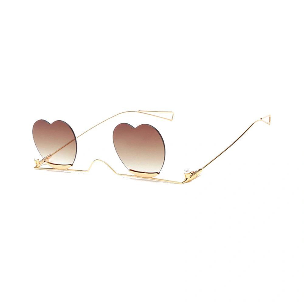 1PC Frameless Metal Sunglasses Heart-shaped Photographing Glasses Funny Party Photo Glasses Retro Sunglasses Supplies for Lady Women Wearing (Coffee+Golden)