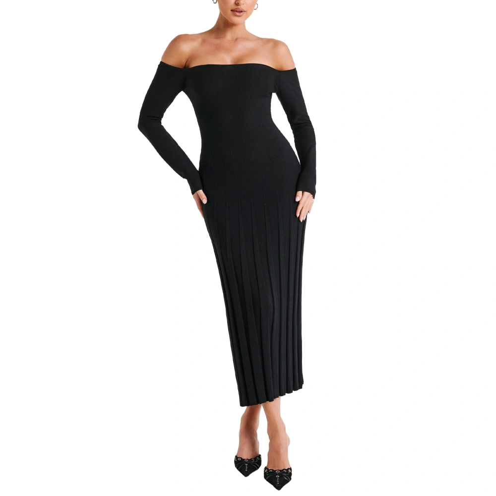 Women's Summer Off-Shoulder Dress Solid Color Long Sleeve Backless Pleated Jacquard Hem Slim Midi Dress