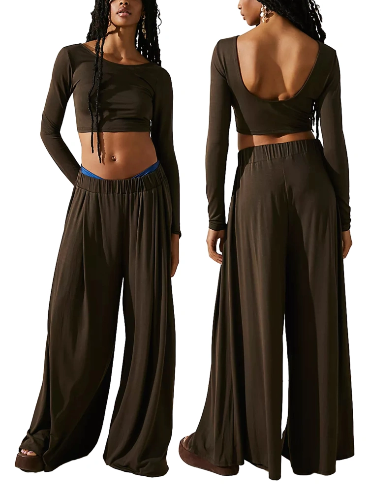 Women's 2 Piece Casual Outfits Long Sleeve Crop Tops Solid Color Wide Leg Pants Sets Streetwear