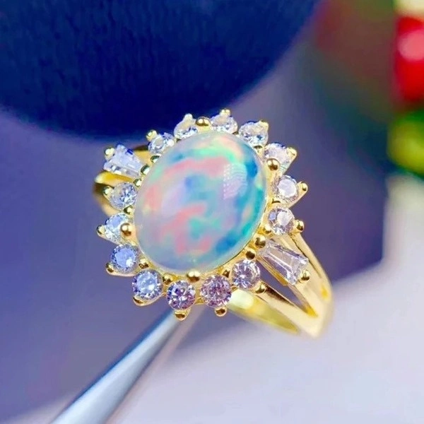 Exquisite Color Opal Inlaid Cubic Zirconia Gold Plated Ring Blue Opal Silver Color Ring Bride Wedding Engagement Anniversary Gift Jewelry