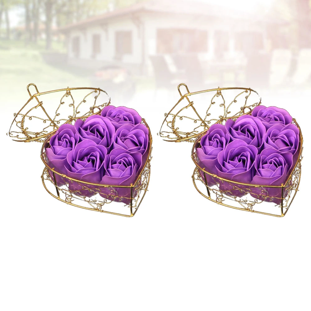 2 Sets Simulation Rose Flower Soap Rose Bouquet Ornament Flower Adornment Valentine's Day Gift for Women Ladies with Iron Basket (Purple)