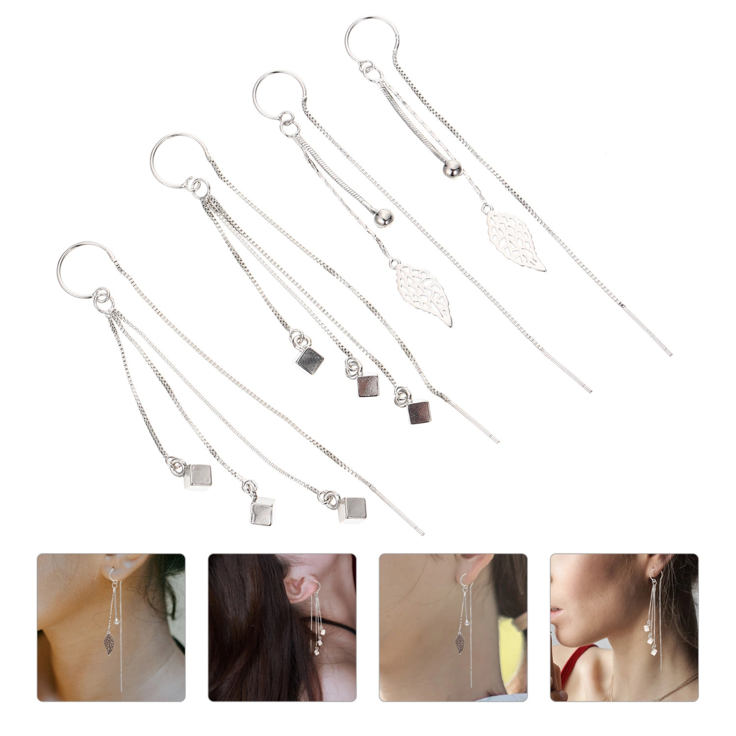 2 Pairs Long Dangle Leaf Earrings Cube Geometric Earrings Fashion Aesthetic Dangling Earrings