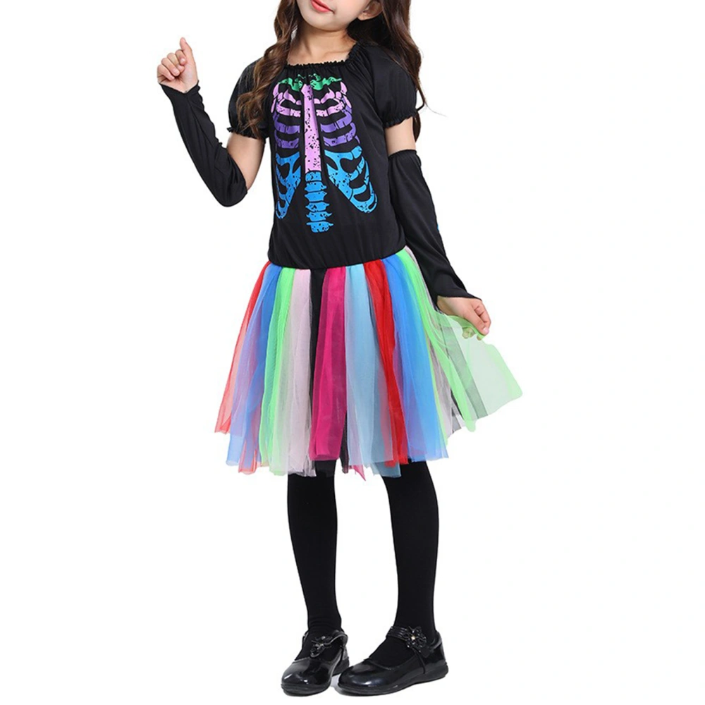 Kids Girls Halloween Costume, Short Sleeve Skeleton Print Tulle Patchwork Cosplay Dress with Oversleeves Pantyhose