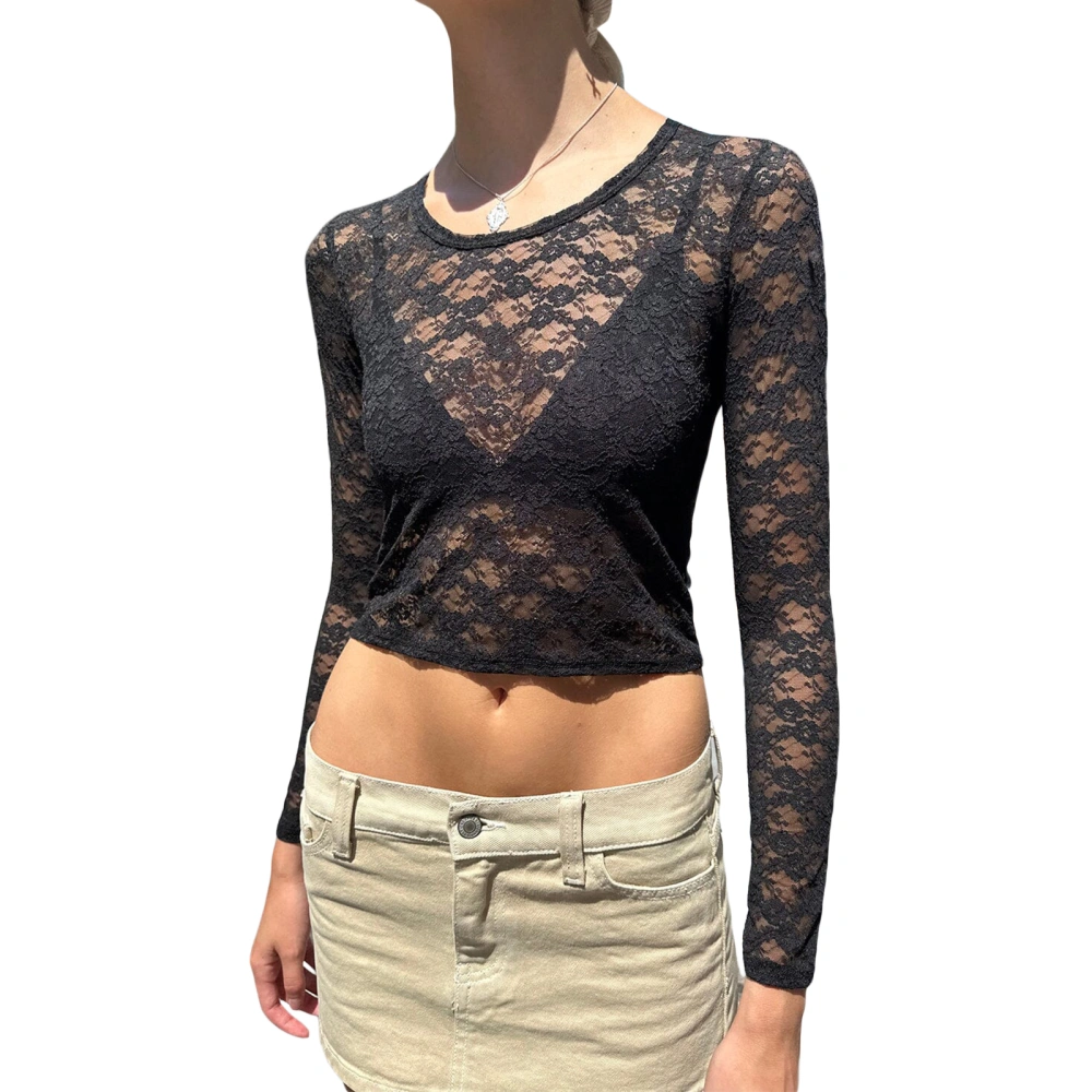 Women’s Lace Crop Tops Long Sleeve Scoop Neck See-Through Solid Color Slim Fit T-Shirts Blouses