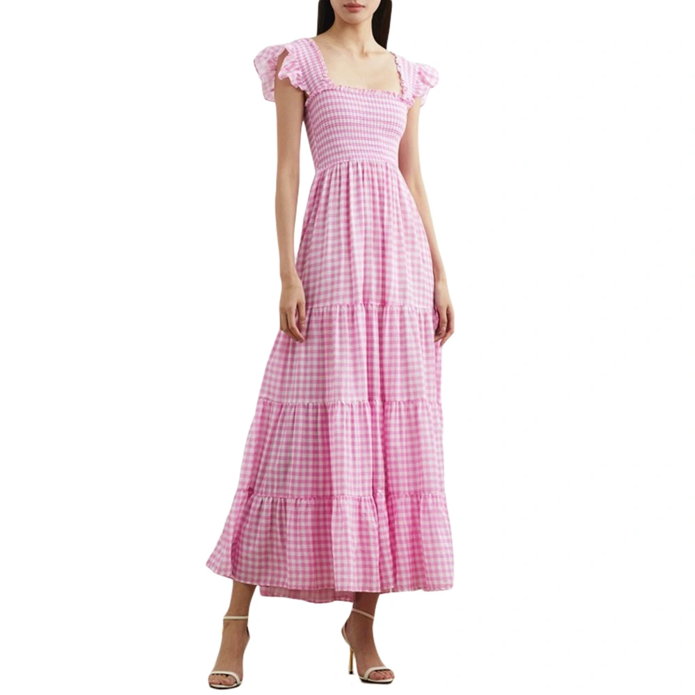 Women's Plaid Print Long Dress Cap Sleeve Square Neck Backless Flowy A-Line Dress for Summer Beach