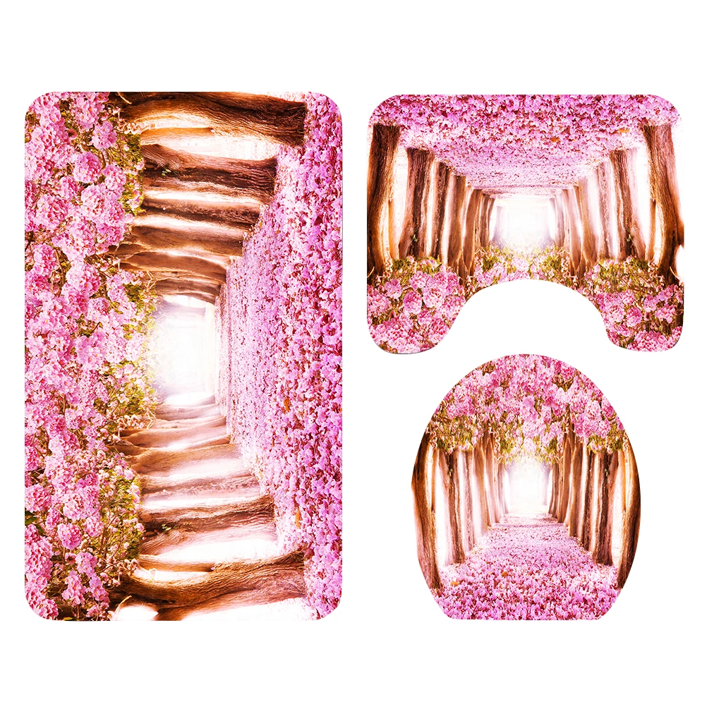 3 in 1 Peach Flower Forest Printing Pattern Bathroom Mat Set Anti-slip Washroom Carpet Mat Toilet Seat Lid Cover for Home Hotel (SY79)