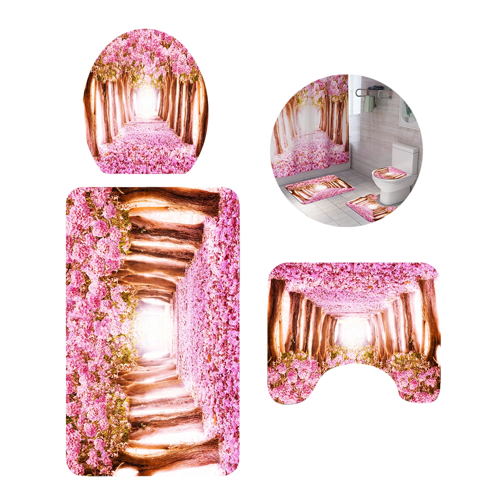 3 in 1 Peach Flower Forest Printing Pattern Bathroom Mat Set Anti-slip Washroom Carpet Mat Toilet Seat Lid Cover for Home Hotel (SY79)