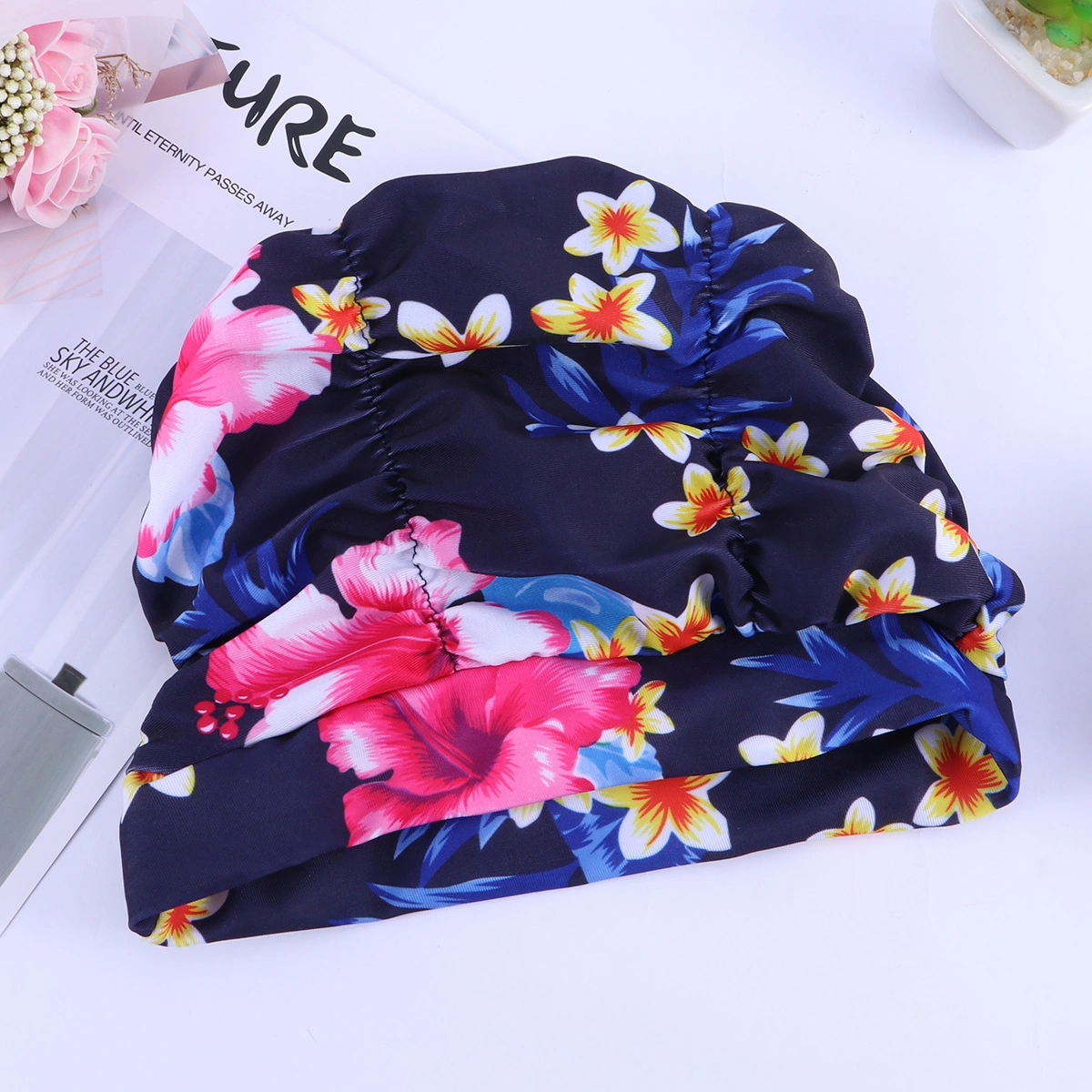 Women Swim Waterproof Printing Flower Pleated Swim New Elastic Ear Cloth Swimming Ear Protector Elasticity Swimming Hat(Blue and Red Flowers)