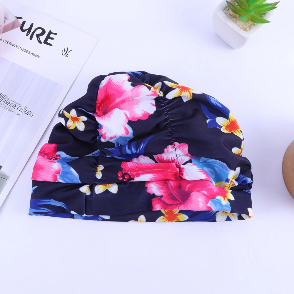 Women Swim Waterproof Printing Flower Pleated Swim New Elastic Ear Cloth Swimming Ear Protector Elasticity Swimming Hat(Blue and Red Flowers)