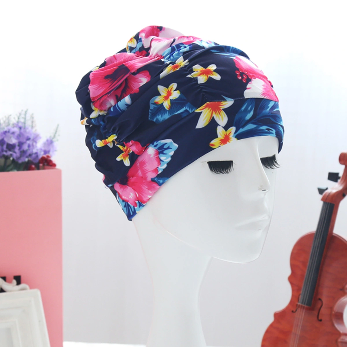 Women Swim Waterproof Printing Flower Pleated Swim New Elastic Ear Cloth Swimming Ear Protector Elasticity Swimming Hat(Blue and Red Flowers)
