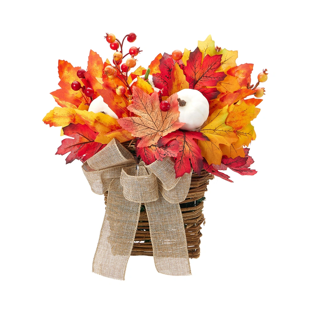 Fall Wreath Farmhouse Flower Basket Wreath Welcome Sign with Maple Leaves for Front Door Decoration