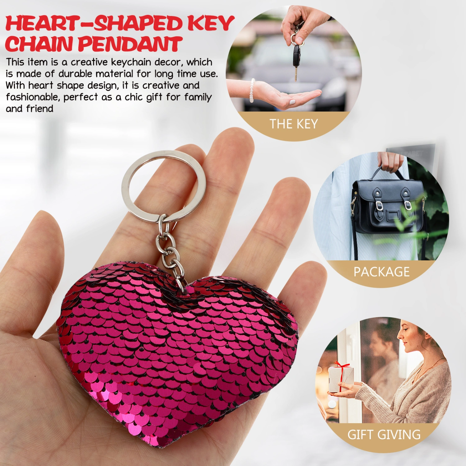 5pcs Heart Shaped Keychain Decors Fashion Shiny Pendants Party Gifts Sequined Hanging Ornament for Birthday Carnival Assorted Color