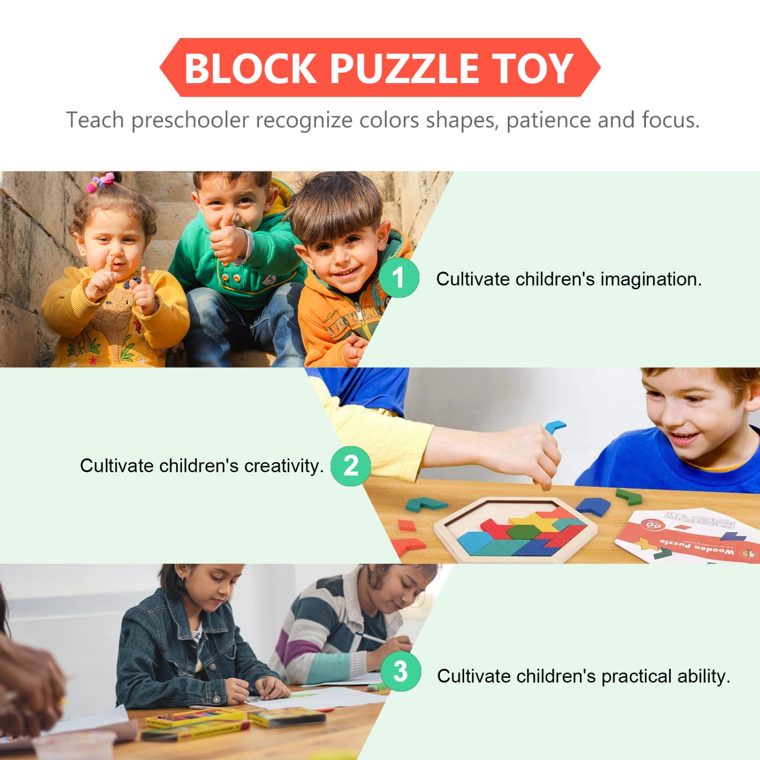 1 Set Wooden Hexagon Puzzle Geometry Shape Pattern Blocks Brain Teaser Toy