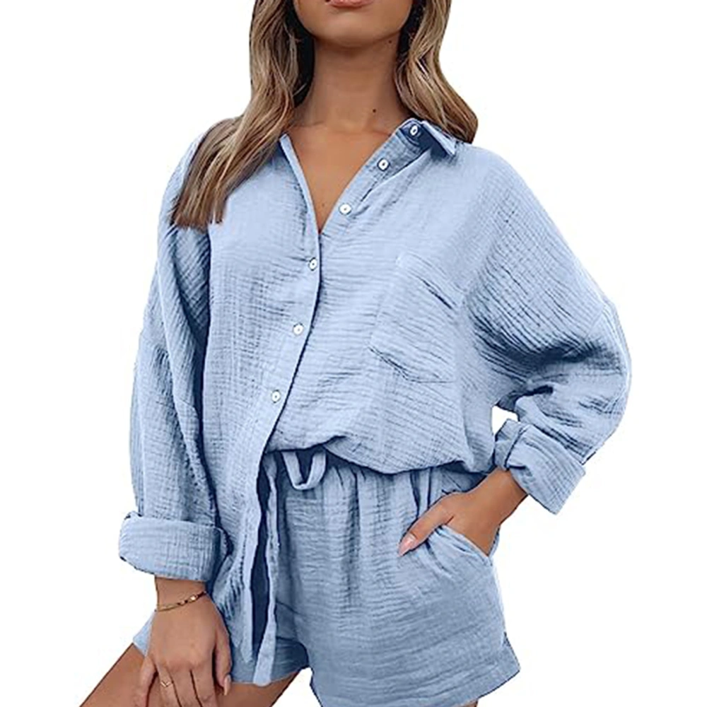 Women 2 Piece Pajama Set Solid Color Long Sleeve Button Shirt and Shorts Loungewear Soft Sleepwear for Nightwear