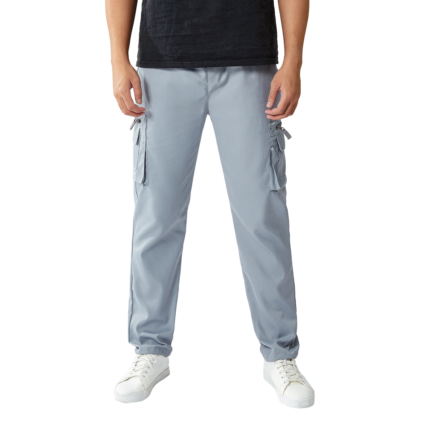 Men's Fashion Cargo Pants Pure Color Slim Fit Zipper Elastic Pocket Breathable Trousers