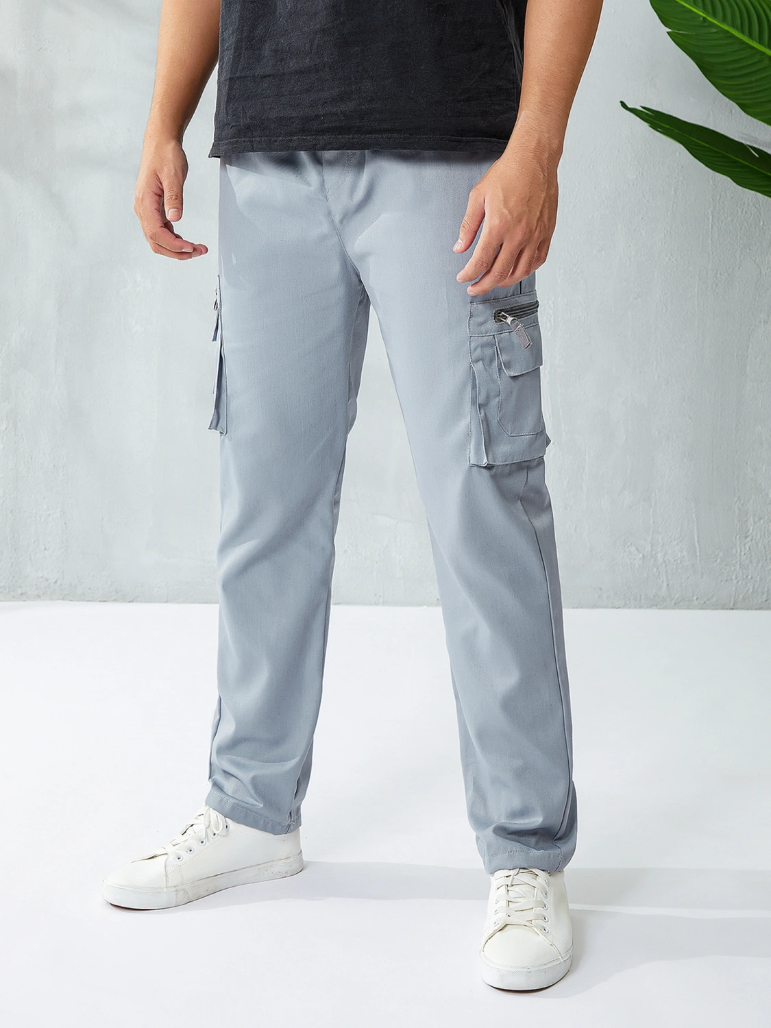 Men's Fashion Cargo Pants Pure Color Slim Fit Zipper Elastic Pocket Breathable Trousers