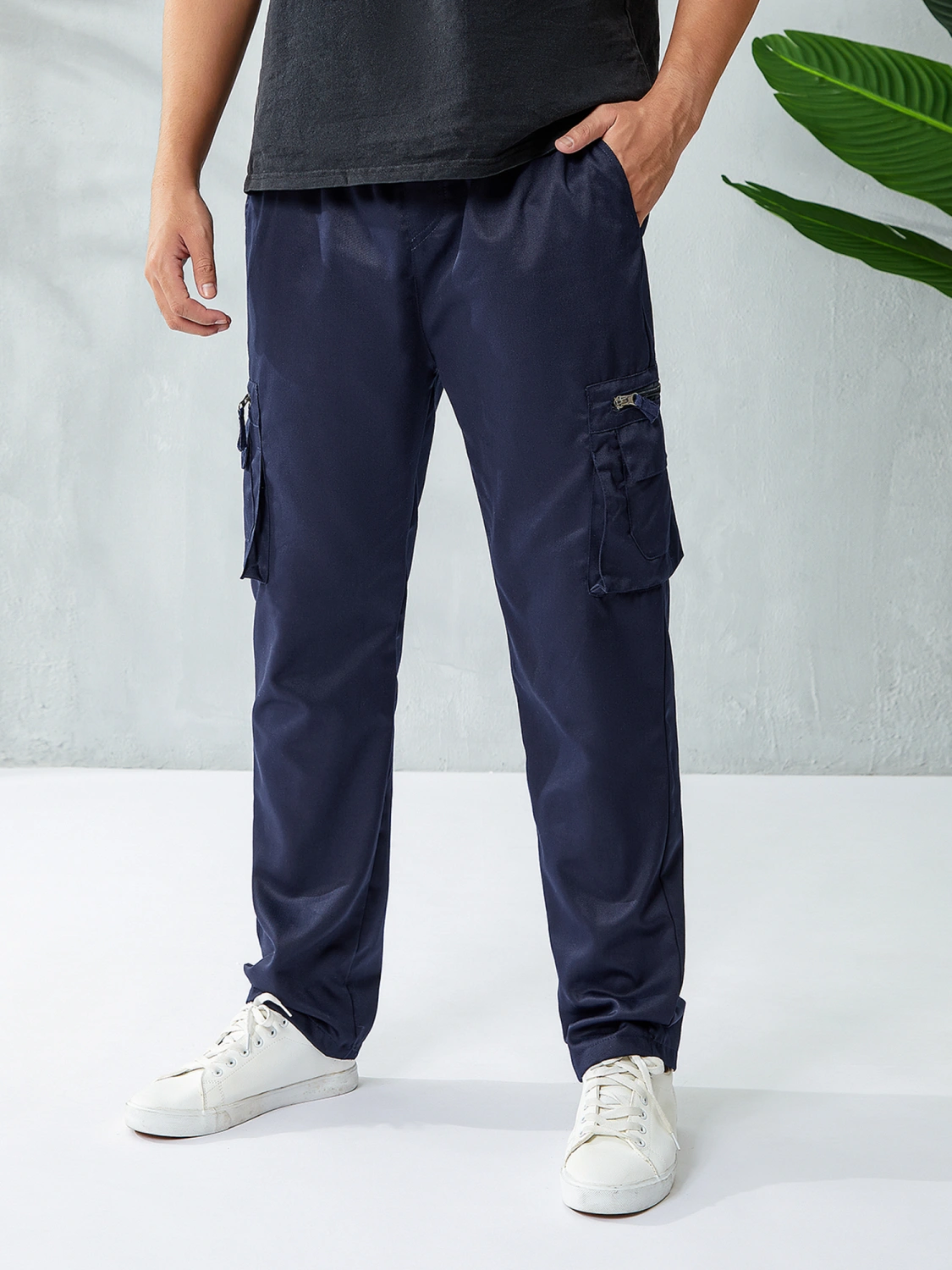 Men's Fashion Cargo Pants Pure Color Slim Fit Zipper Elastic Pocket Breathable Trousers