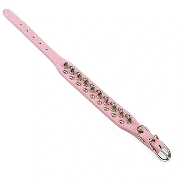 Adjustable Puppy Pet Dog Spiked Studded PU Dog Collar - Size M (Pink)