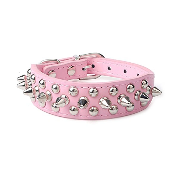 Adjustable Puppy Pet Dog Spiked Studded PU Dog Collar - Size M (Pink)