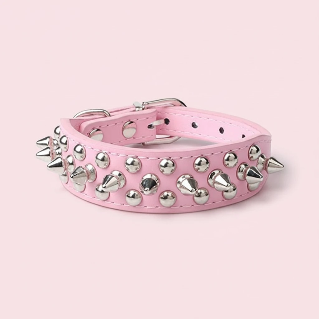 Adjustable Puppy Pet Dog Spiked Studded PU Dog Collar - Size M (Pink)