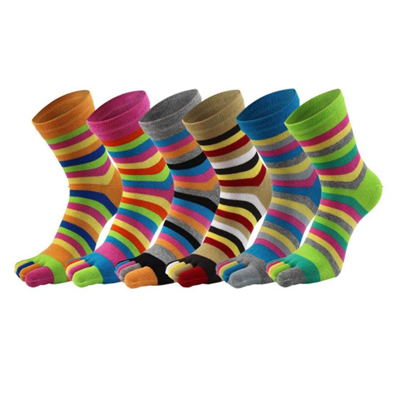 Women's Mid-Length Stockings, Colorful Stripe Pattern Elastic Five Finger Sock, Casual Long Simple Style Socks